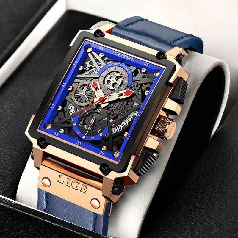 2023 New LIGE Men Watches Top Brand Luxury Hollow Square Sport Watch For Men Fashion Leather Strap Waterproof Quartz WristWatch