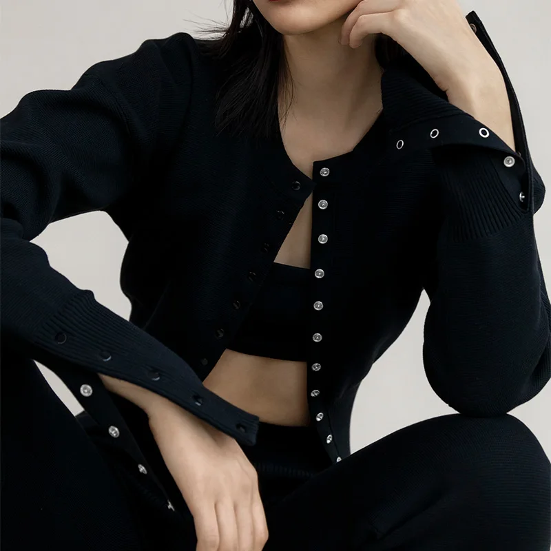 

Women Knitted Cardigan T-shirt Ribbed Long Sleeve O-neck Slim Fit Button Crop Top Winter Fashion Trendy Streetwear Clothes