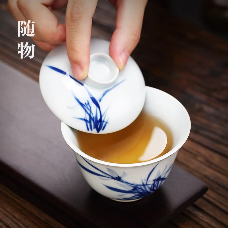 

Jingdezhen Tea Bowl Underglaze Blue and White Porcelain Sancai Gaiwan Tea Cup Ceramic Kung Fu Tea Brewing Bowl Small Single Non-