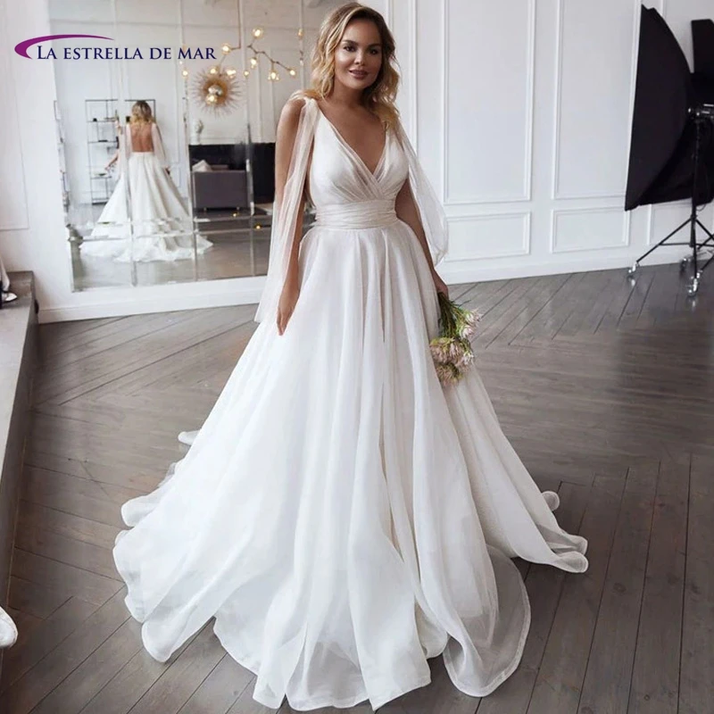 

Греческое свадебное платье для женщин, новинка для невесты из шифоновой органзы с глубоким V-образным вырезом, а-силуэт, Пляжное платье для невесты, классическое свадебное платье в английском стиле