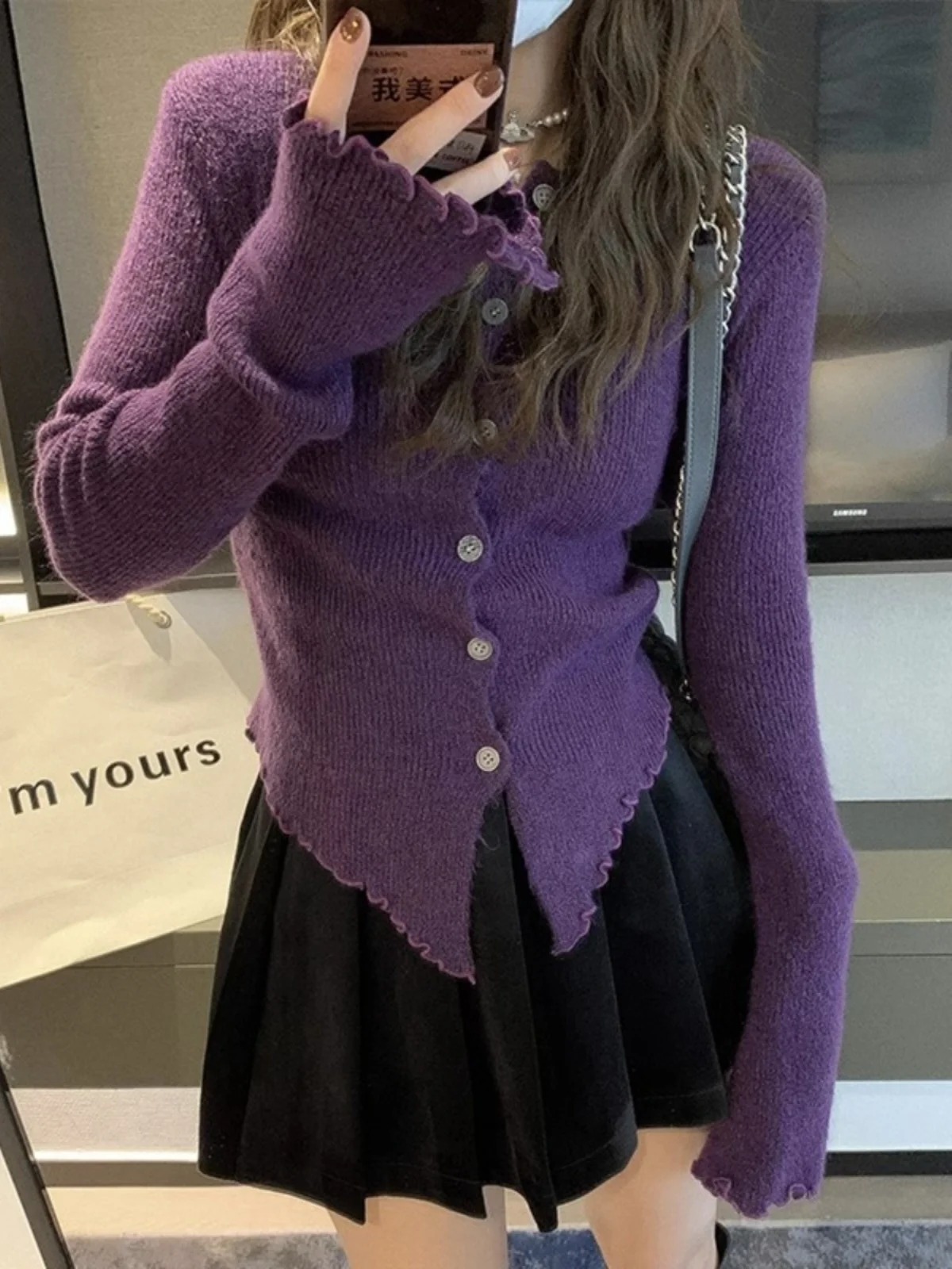 Серия корейских серий Серый кардиган неправильной формы свитер с длинным