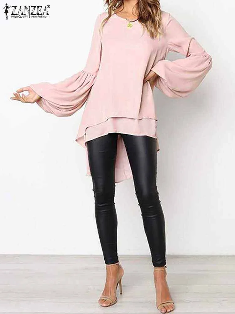 

Осенняя стильная женская блузка ZANZEA 2023 с длинным рукавом-фонариком, элегантная повседневная Асимметричная рубашка, Однотонные блузки с оборками, женские топы