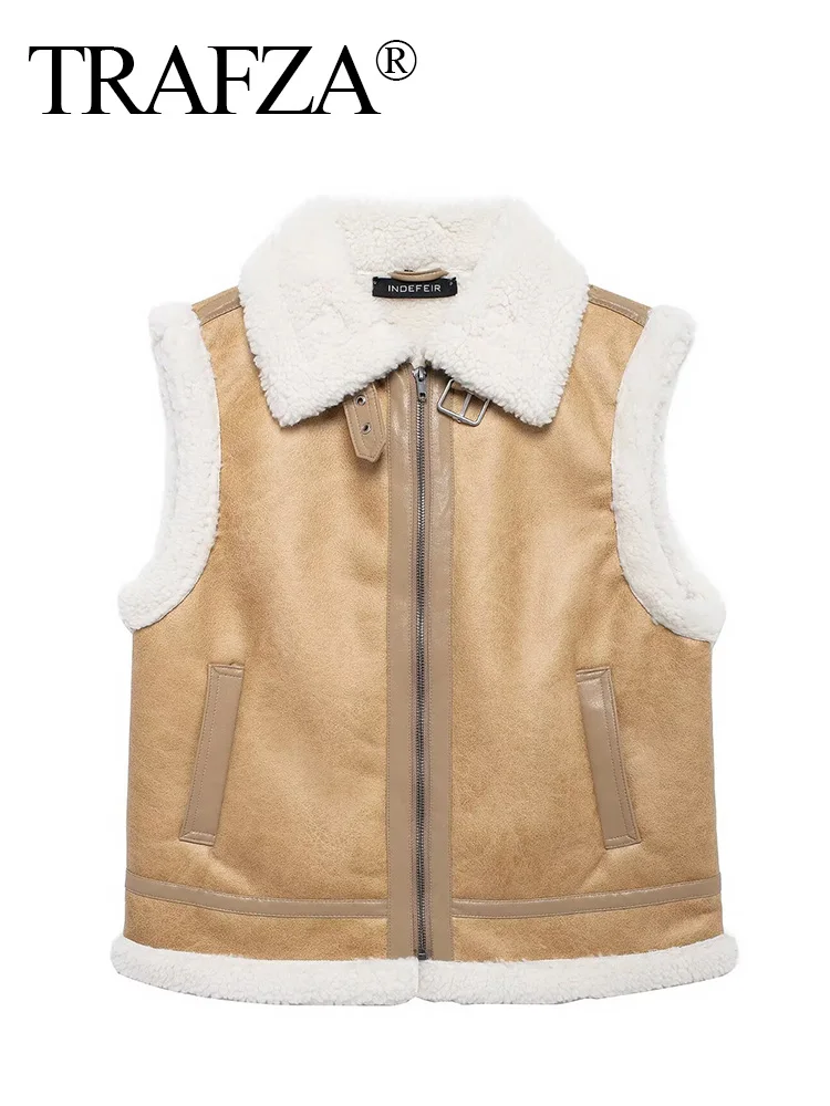 TRAFZA зимняя женская модная однотонная утолщенная жилетка с отложным воротником
