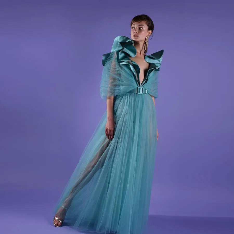

Newest Teal See Thru Tulle Women Dresses To Party A-line Long Prom Gowns Mesh Cape Satin Ruffles Formal Dress Summer