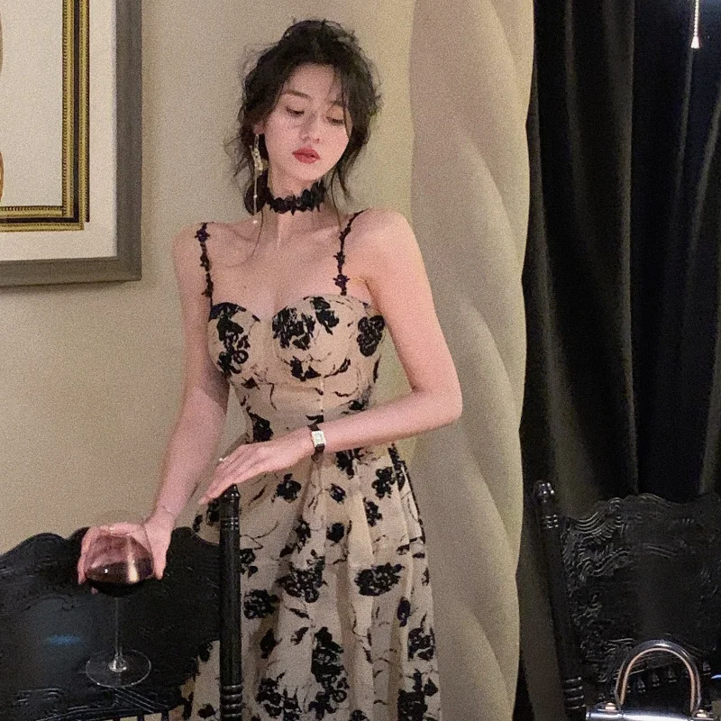

2023 New Summer Floral Strap Midi Dress Women Sleeveless Elegant Vintage Dress Evening Party One Piece Dress Korean Fashion