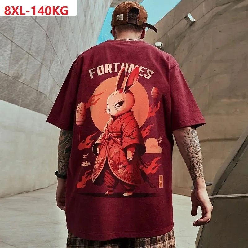 

summer men hip hop tshirt short sleeve cartoon rabbit plus size 8XL letter high street tees tops loose Chinese style t-shirt