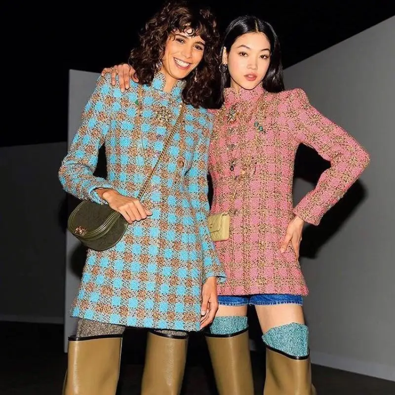 

2022 Runway Designer Autumn and Winter New Fashion Pink Plaid Woolen Coat Women Slim Fit Long Sleeve Splice Mid Length Jacket