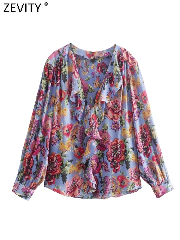 

Zevity женские модные плиссированные элегантные свободные блузки с цветочным принтом, женские шикарные рубашки с длинным рукавом и V-образным ...