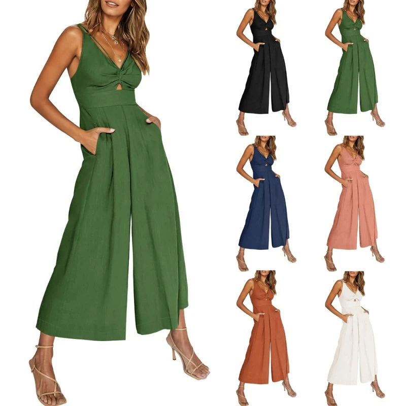 

Solid Hollows Romper Wrap Bodycon Jumpsuits Sleeveless Tops V-Neck Sexy Insgram Style Cloth for Women Girl Parties