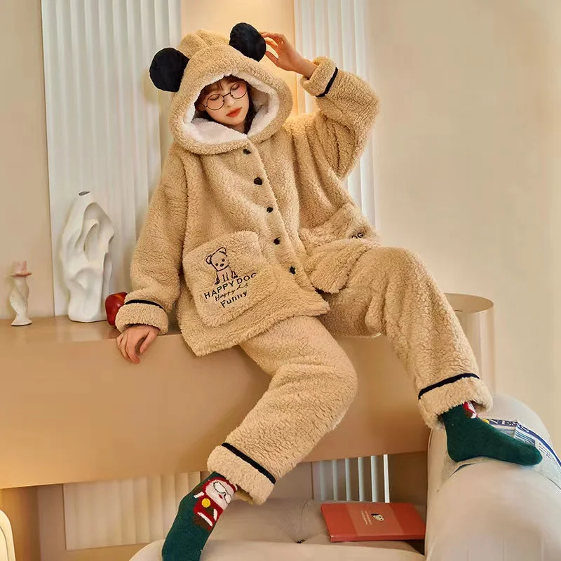 Winter Flannel Pajamas Sets For Women Coral Fleece Thick Warm Sweet Cute Loungewear Home Clothes 2 Piece/Set Sleepwear