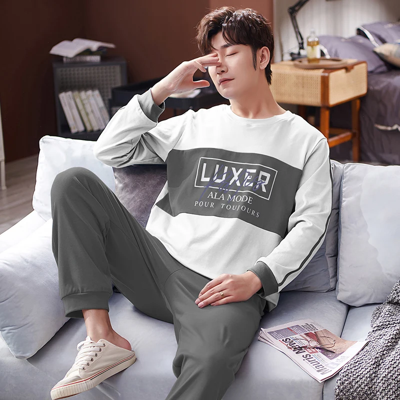 QUHENG Autumn Youth Pure Cotton Round Neck Long-sleeved Trousers Suit Men's Alphabet Simple Pajamas 2-pieces  Home Clothes