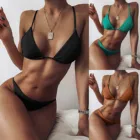Сексуальный женский зеленый черный купальник, комплект бикини, однотонный купальник из двух частей с низкой талией, купальный костюм, бикини