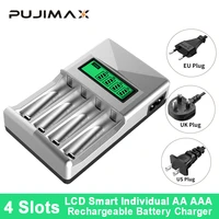 pujimax new 4 slots lcd display smart battery charger useuuk plug power adapter for aaaaa nicd nimh rechargeable batteries