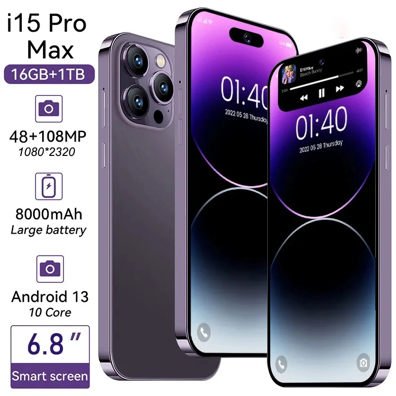 

I15 Pro Max Mobile Phones 6.8inch 8000mah 16GB+1TB Android Cellphones 108MP Cheap Smartphones Sale Phones Cell Phones