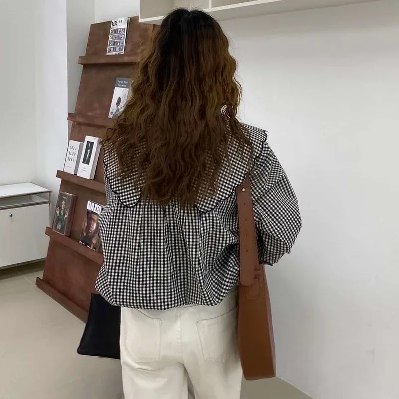 Рубашки женские с воротником Питера Пэна в клетку стиле ретро милые девушки