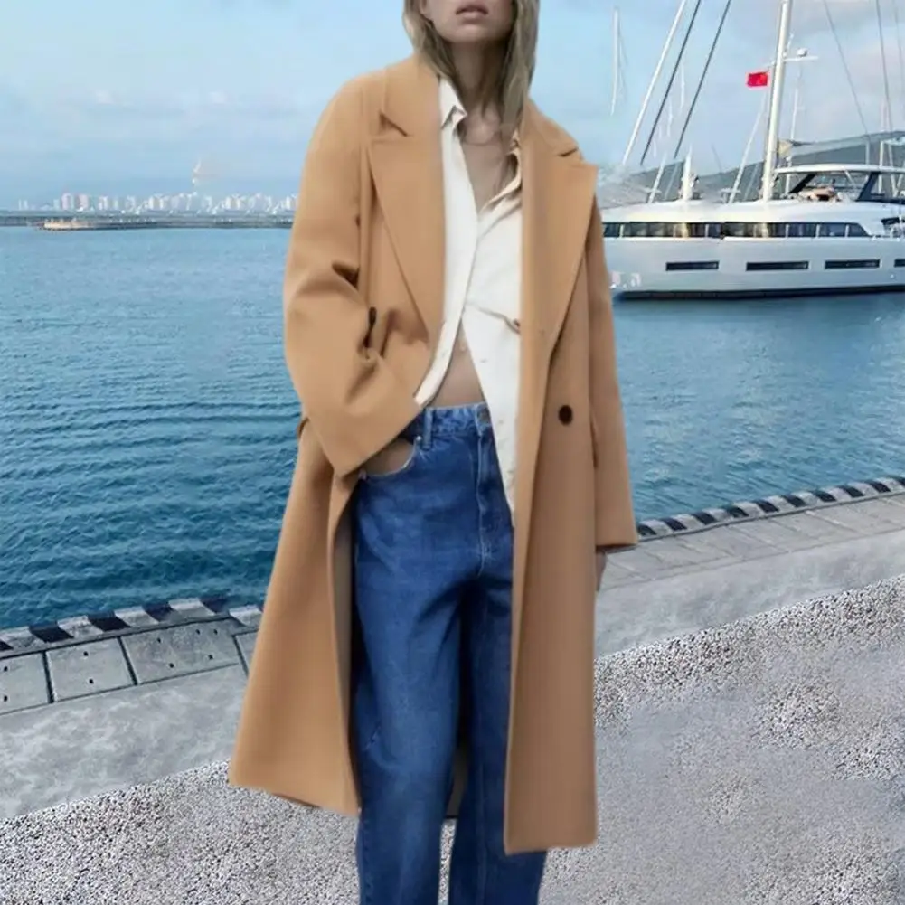 

Хлопковое шерстяное пальто для женщин 2022 модное элегантное женское пальто офисное дамское двубортное Свободное длинное пальто с отложным воротником для женщин