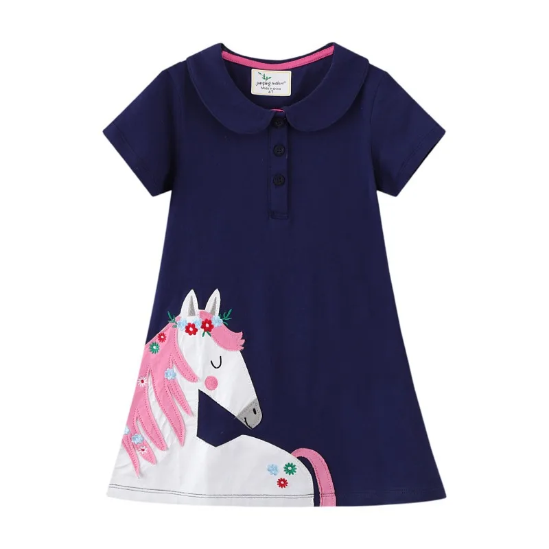 

2022 Girls Dresses Unicorn Cotton Kids Dress Appliqued Children Clothing Black Short Sleeve Summer Casual Girls Wear