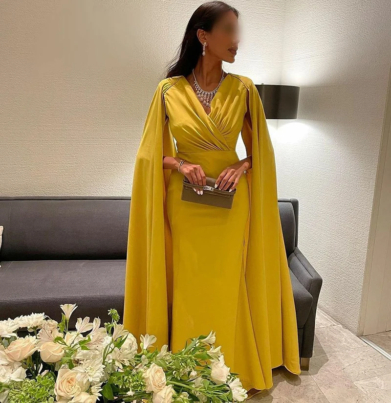 

Yellow Mermaid Evening Dress Sexy V Neck Pleats Prom Dresses With Shawl Dubai Celebrity Dress Saudi Arabia Formal Party Gowns