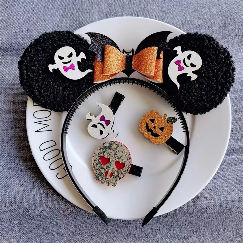 

12Pcs/Lot Halloween Mouse Ears Hairbands Girls Sequins Bow Clip Kids Festival Party Cosplay Hairpin Gift Kids Hair Accessories