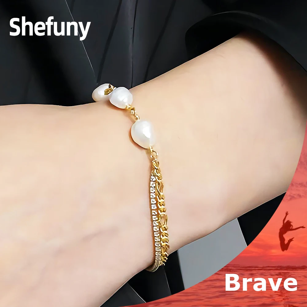

Shefuny New 925 Sterling Silver Retro Baroque Pearl Bracelet Zirconia Double Chain Bangle For Women Fine Engagement Jewelry Gift