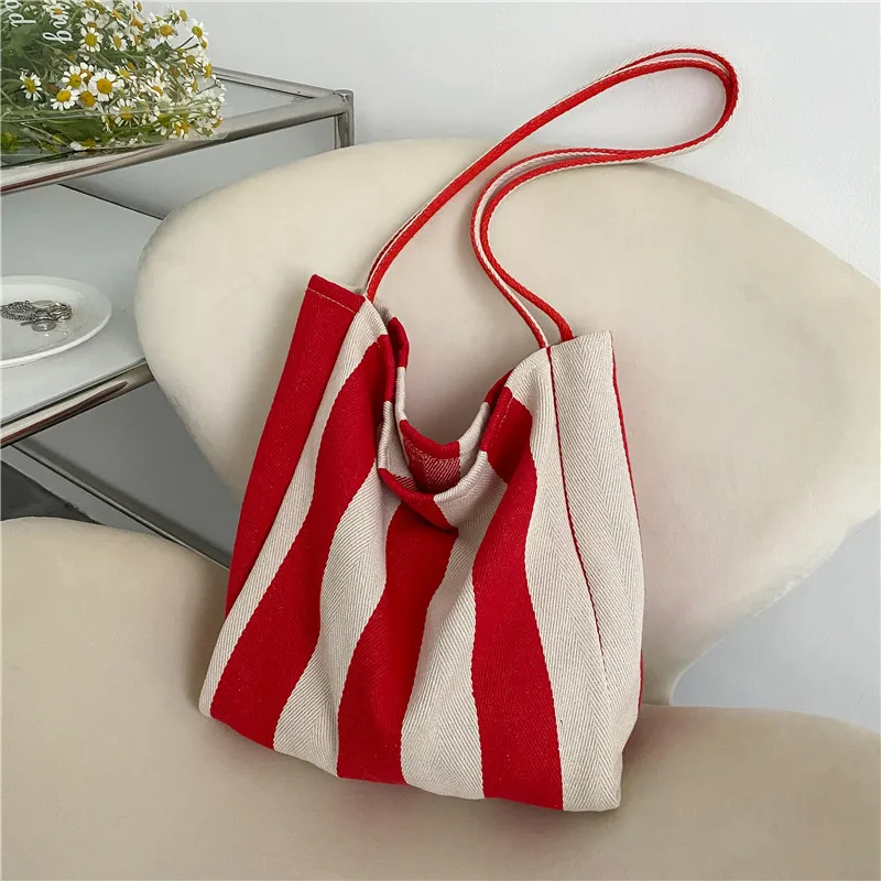 

Vintage Women Canvas Shoulder Bag Ladies Large-capacity Shopping Tote Bag Fashion Striped Crossbody Bag Handbags For Women