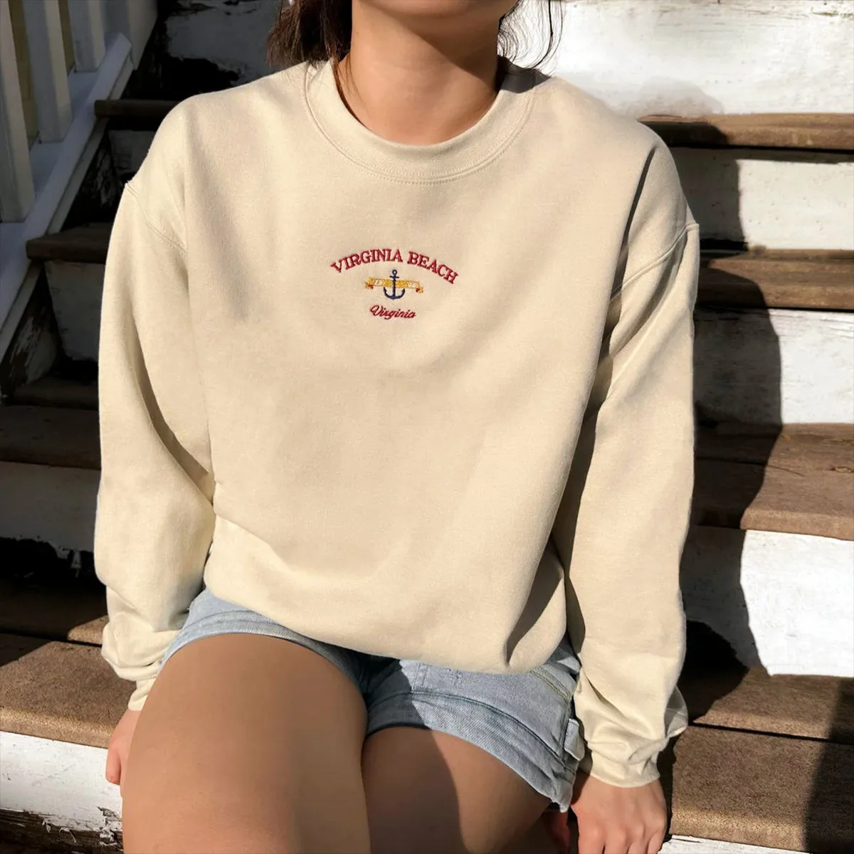 Винтажные толстовки с круглым вырезом вышивкой Virginia Beach унисекс осень-зима