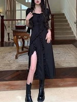 houzhou black short sleeve dress women summer sexy asymmetrical ruffle midi dress solid elegant streetwear french style sundress