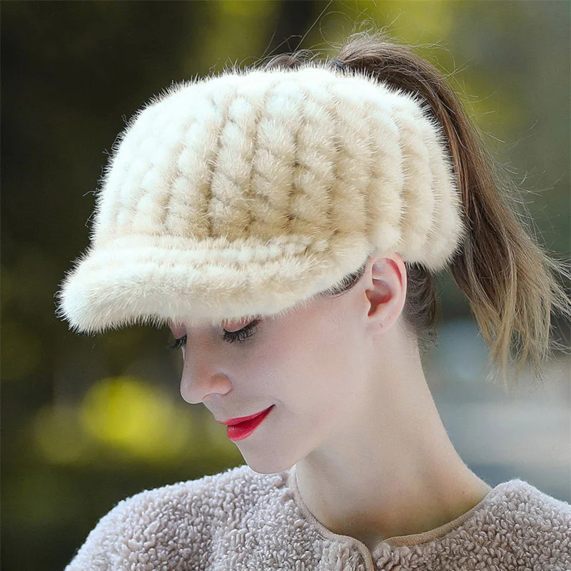Woman Girl Mink Hair Visor Cap Autumn Winter Hat Solid Color Elastic Cycling Running Golf Empty Top Cap Natural Real Mink Hat