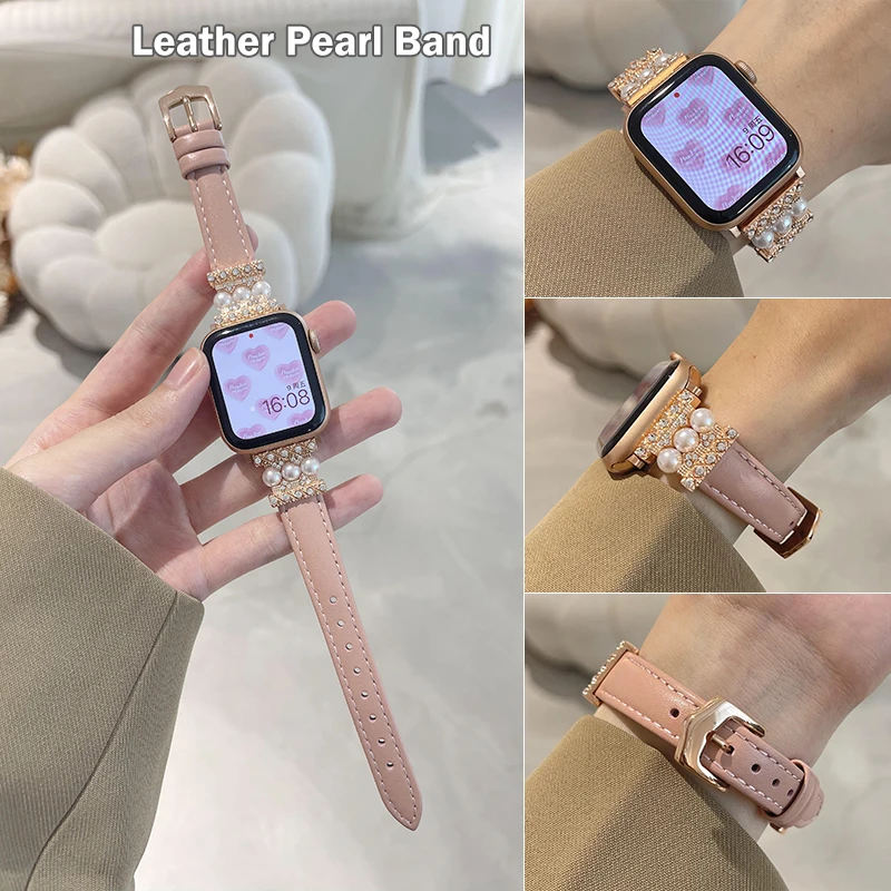 

Ремешок кожаный жемчужный для Apple Watch Series 8 7 Ultra, браслет для iWatch 8 7 se 6 5 4 3, 45 мм 41 38 42 мм 40 44 мм