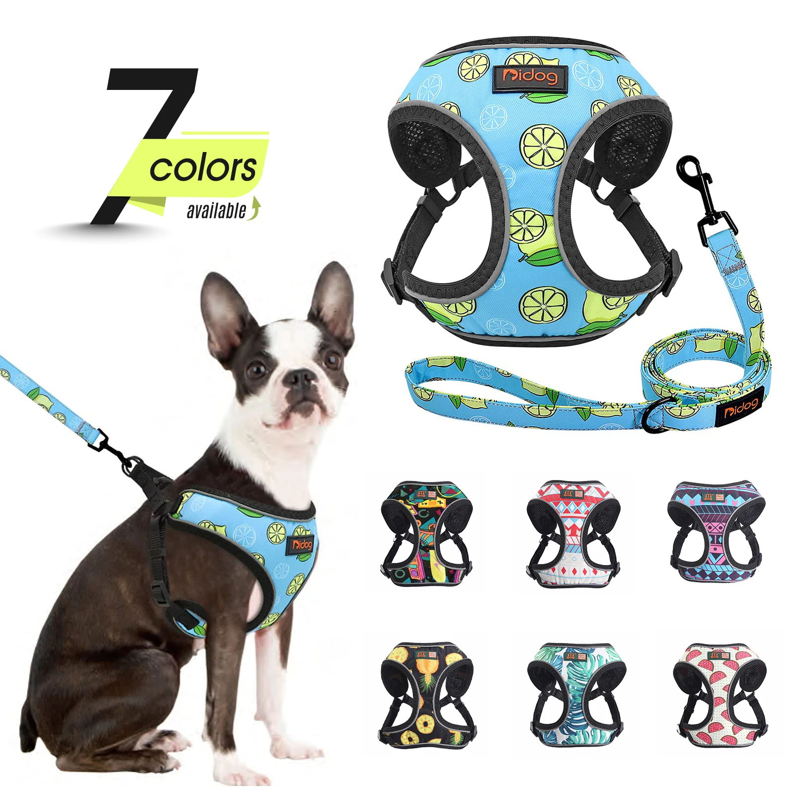 

Small Dog Harness and Leash with Soft Breathable Air Mesh Padded, Reflective Escape Proof Puppy Harness with Cute Fruit Pattern