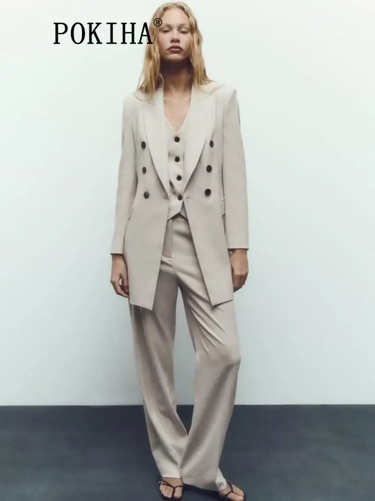 

Pokiha Fashion Women Double Breasted Long Fitted Blazer Coat V-neck Vest Top And High Waist Casual Pant Female Chic 3 Piece Sets