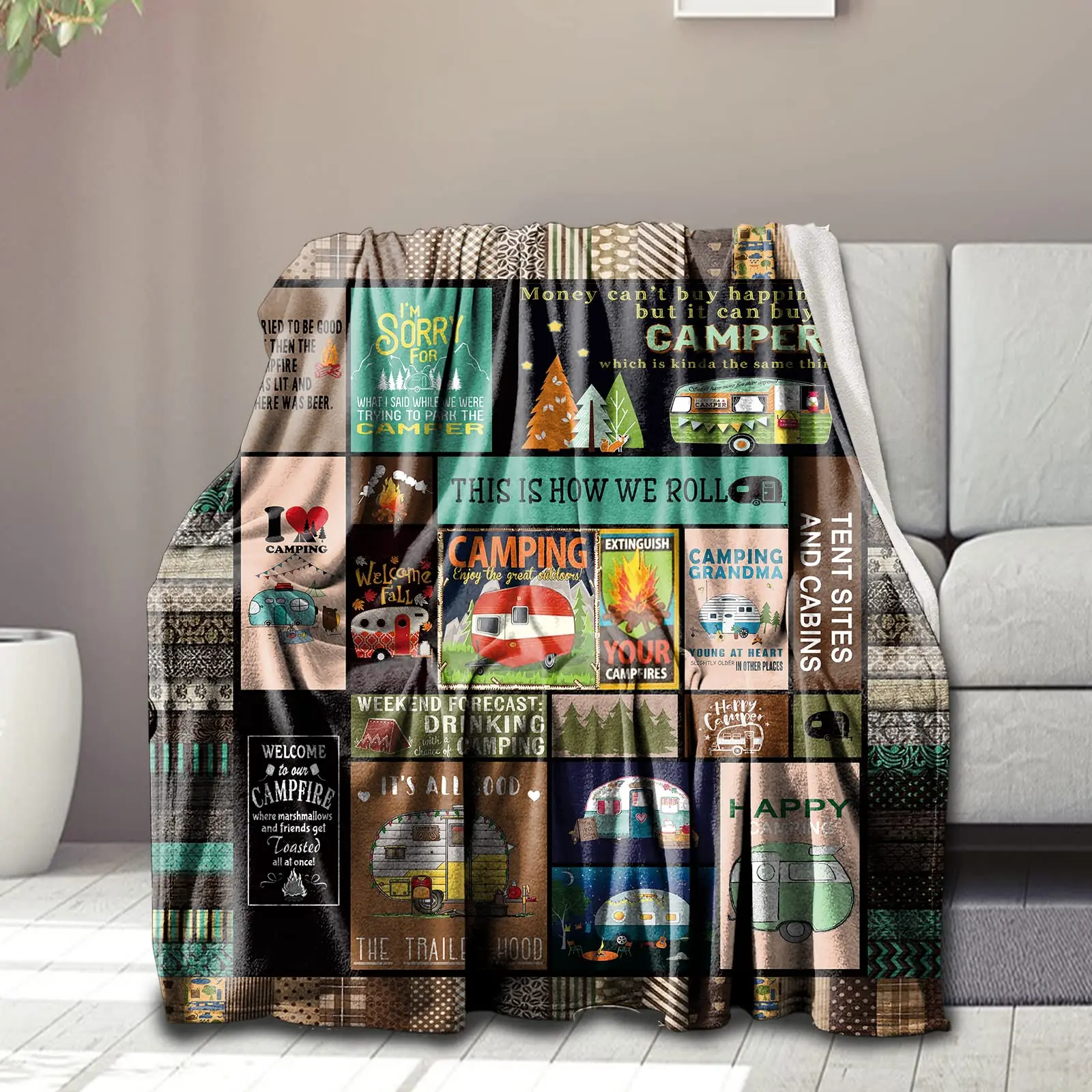 

Happy Camper Blanket Throw Flannel Camping Blanket Super Soft Cozy Warm Gifts Blanket for Couch Chair Bed Sofa Office for Teens