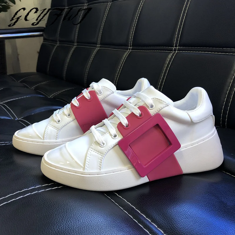 

Кроссовки женские кожаные, милая повседневная обувь в стиле пэчворк, на платформе, с круглым носком, на шнуровке, с квадратной пряжкой, ручна...