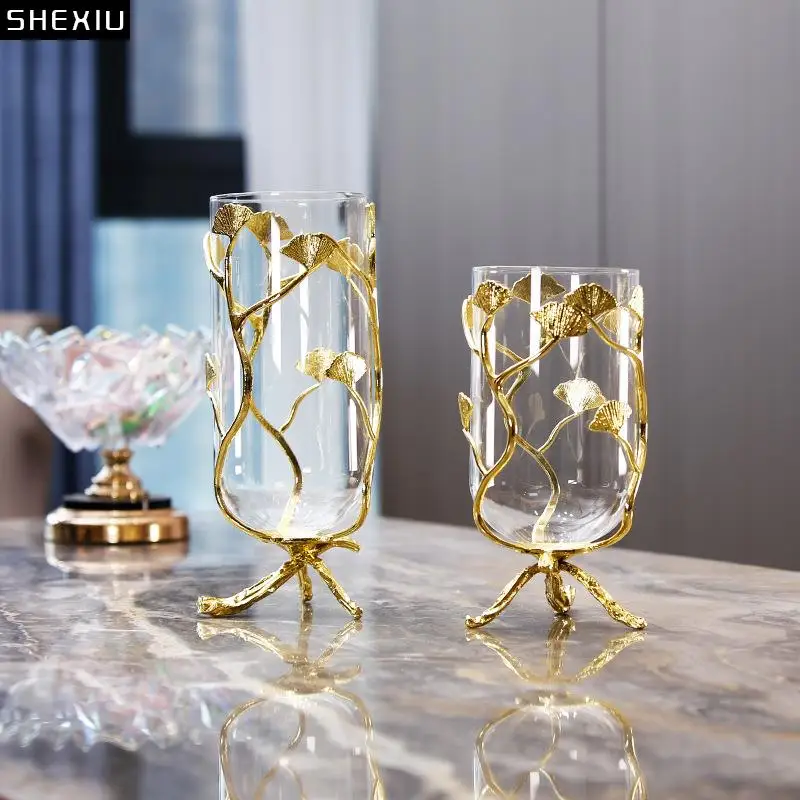 

Golden Ginkgo Leaf Glass Vase Hydroponic Flower Pots Decorative Flower Arrangement Desk Decoration Floral Vases Modern Decor