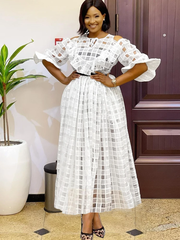 

Women White Long Dresses Bare Shoulder See Through Plaid Ruffle Princess Dress Classy Party Birthday Festival Gowns Spring Fall