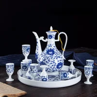 Liquor Glass Set Household Ceramic Blue and White Porcelain in Chinese Antique Style Wine Pot Goblets Drinking Set Small Wine Ut