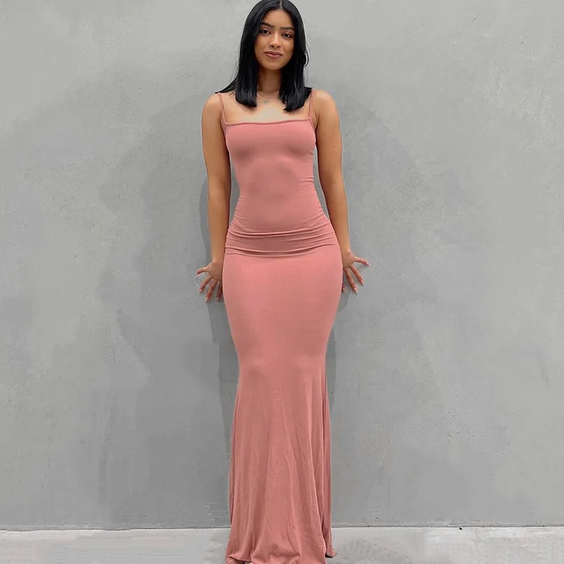 

Sexy Long Dress Women Sleeveless High Waist Slim Fit Peach Hip Camisole Dress Low Cut Tight Sheath Bodycon Long Dress