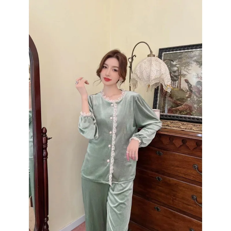 2023 Autumn New Pleuche Long Sleeve Trousers Home Wear Lace Fairy Style Solid Color Pajamas for Women.
