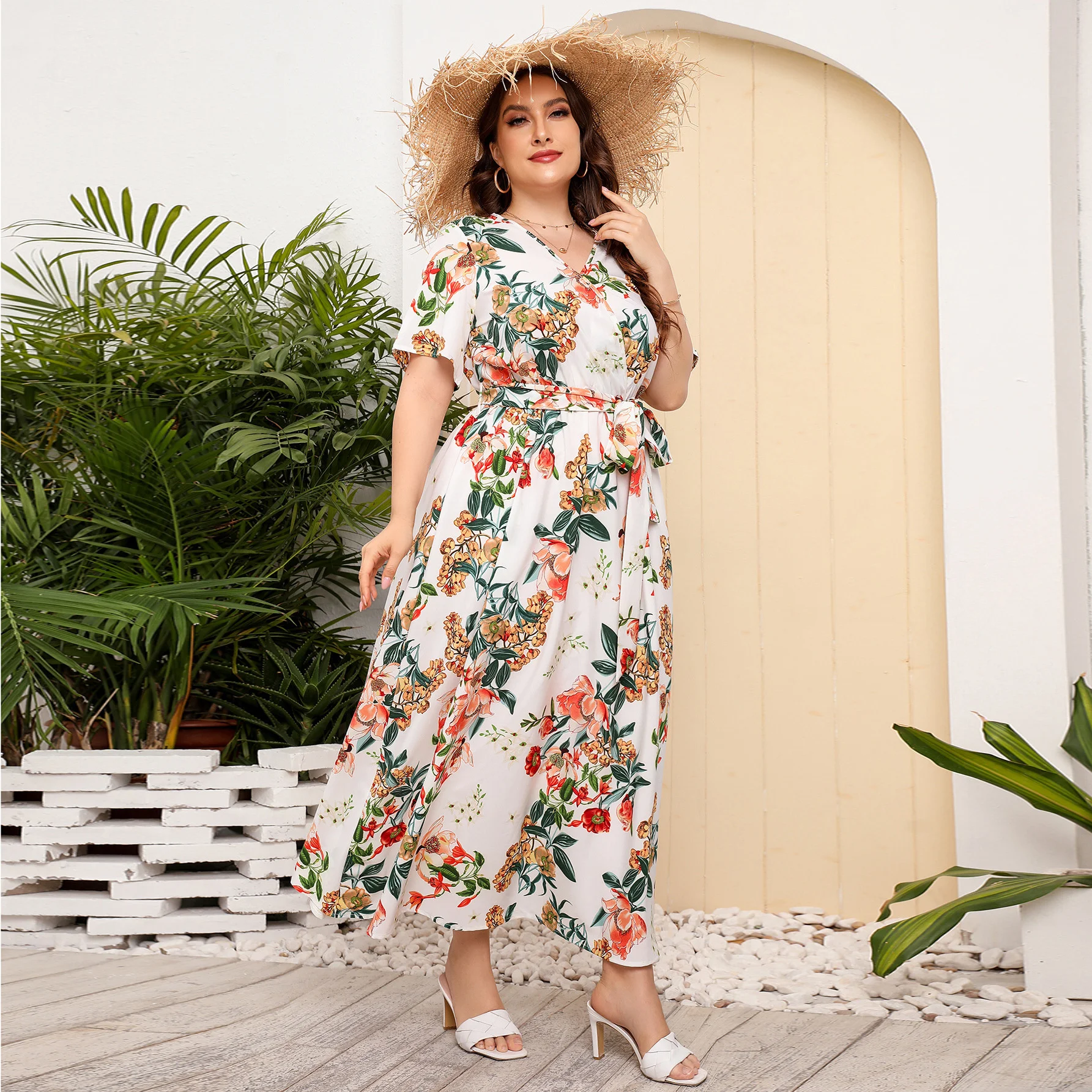 Plus Size 5xl High Waist V-neck Long Dresses Elegant Printed Black Sexy Summer Boho Dress Streetwear Vintage 3xl 4xl 5xl 6xl