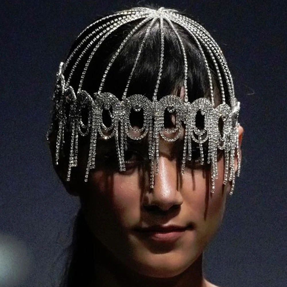

Stonefans Hollow Crystal Tassel Hair Chain Wedding Headpiece for Women 2023 Bridal Rhinestone Headband Cap Hat Indian Jewelry