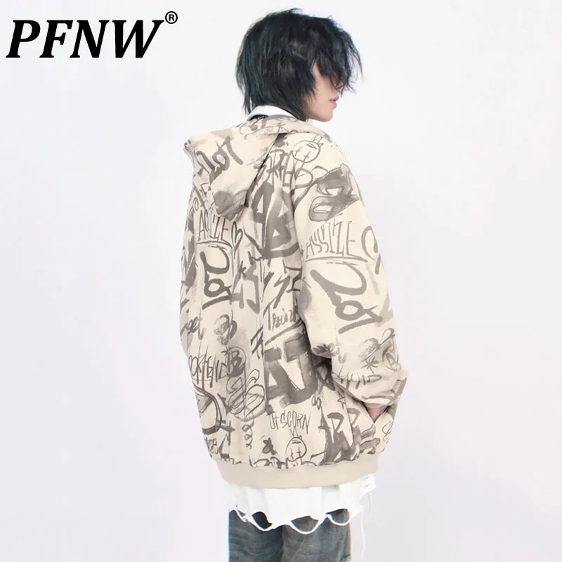 

PFNW High Street Hand-painted Graffiti Design Men's Hip Hop Hoodies Zipper Cardigan Male Sweatrtshirts Autumn Trendy New 28W1116