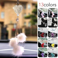 fashion diamond car decoration bling mink hair ball peach heart pendant ladies car rearview mirror pendant interior supplies