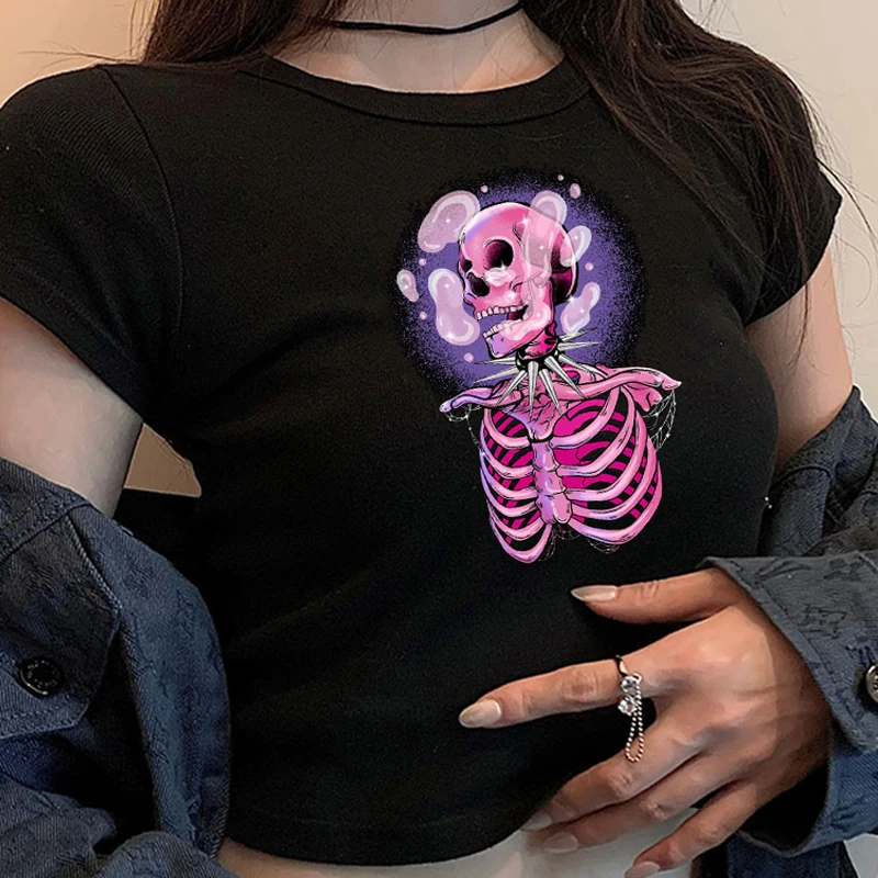 

aesthetic skeleton cropped top Slim print slimming design sense short sleeve t-shirts y2k gothic clothes 2022 new spring Summer