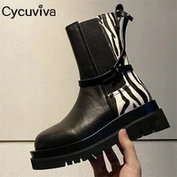 Luxury Brand Chelsea Ankle Boots For Women Black Real Leather Belt Short Boots Thick Sole Platform Motorcycle Boots Flat Shoes