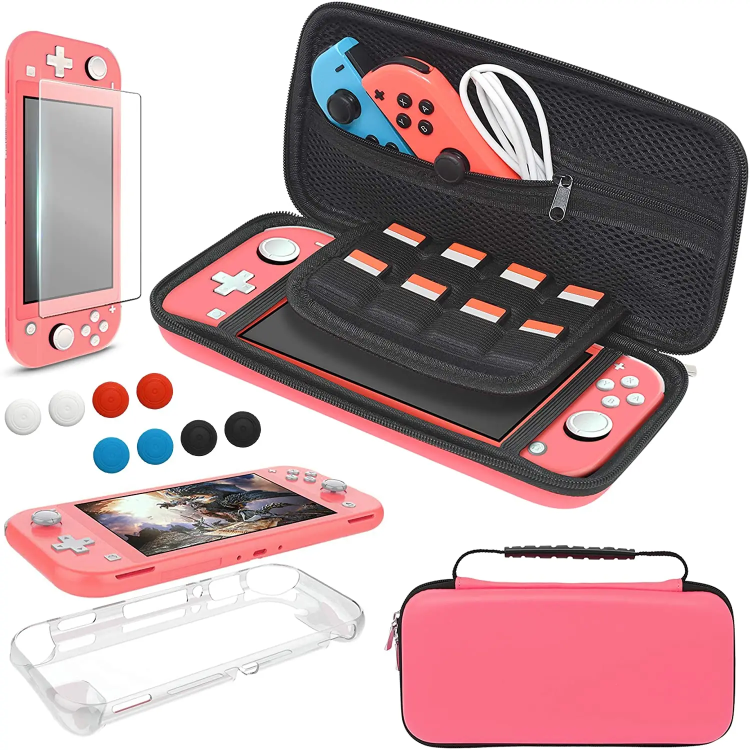 

4 in 1 Accessories Kit Portable Carrier Travel Bag Case TPU Case Cover Plus Screen Protector with 8 Thumb Grips for Switch Lite
