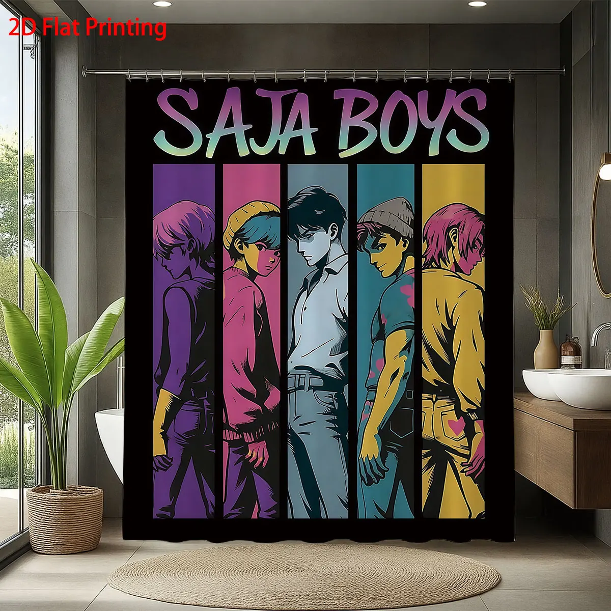 Фото 1 шт., водонепроницаемая занавеска для душа с принтом K-pop Saja Boys, подвесная занавеска для конфиденциальности, с 12 крючками для легкой установки №1