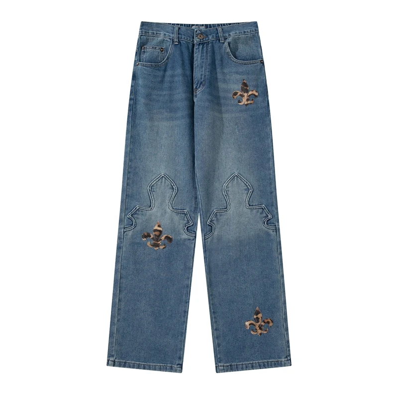 

Retro Leopard Cross Embroidery Blue Jeans Pant Men and Women High Street Straight Baggy Casual Washed Denim Trousers Oversize