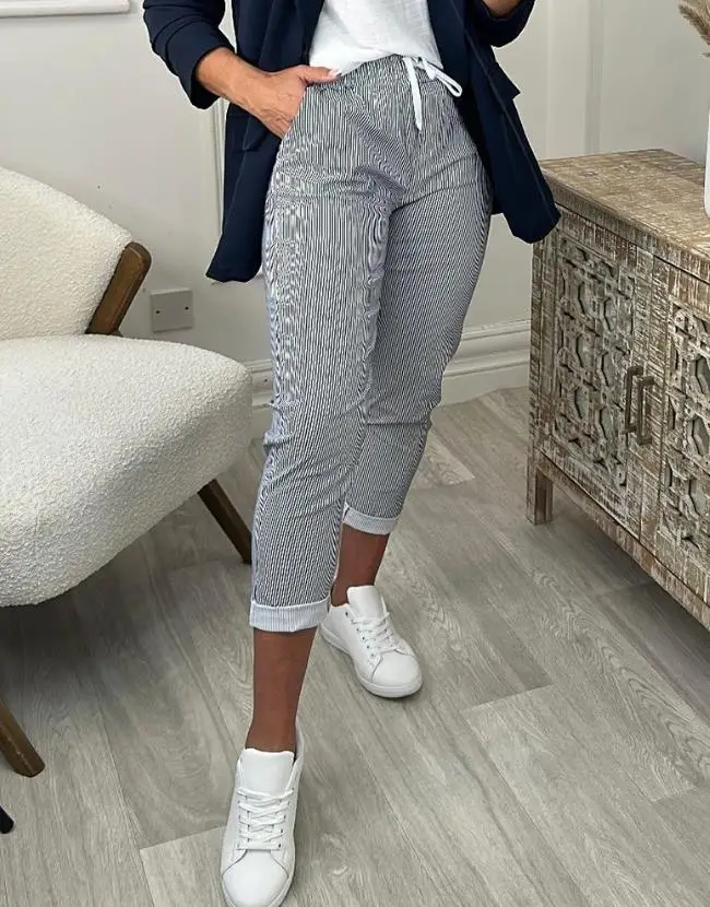 

Women's Pans 2023 Summer New Casual Fashion High Waist Drawstring Striped Drawstring Elastic Waist Pants Street Apparel