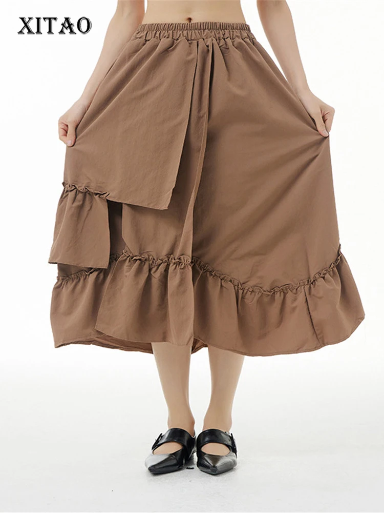 

XITAO Mesh Skirt Fashion Small Fresh Irregular Patchwork Pleated Goddess Fan Minority Loose Solid Color Skirt WMD6201