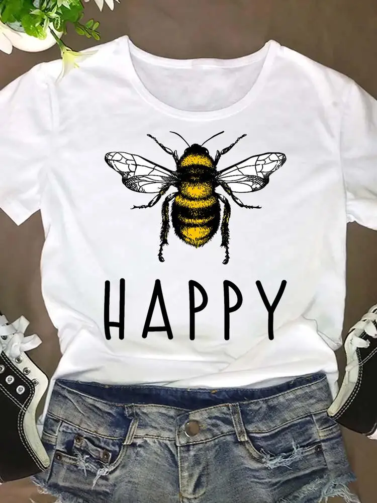 

Футболка женская с графическим принтом, модная Милая рубашка в стиле 90-х с буквами пчелы, летняя одежда с коротким рукавом, мультяшный Топ